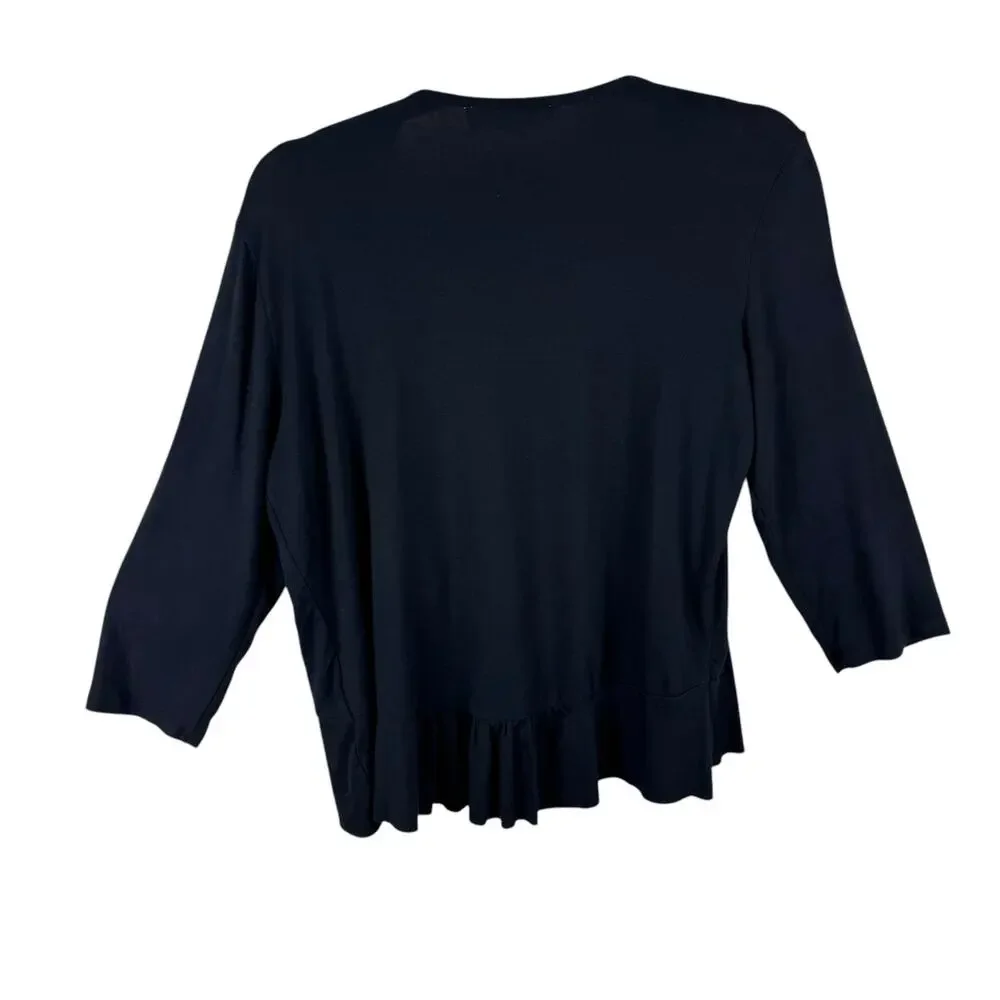 Pointelle Black 3/4 Sleeve Ruffled Lightweight Stretchy Cropped Open Blouse Sz L